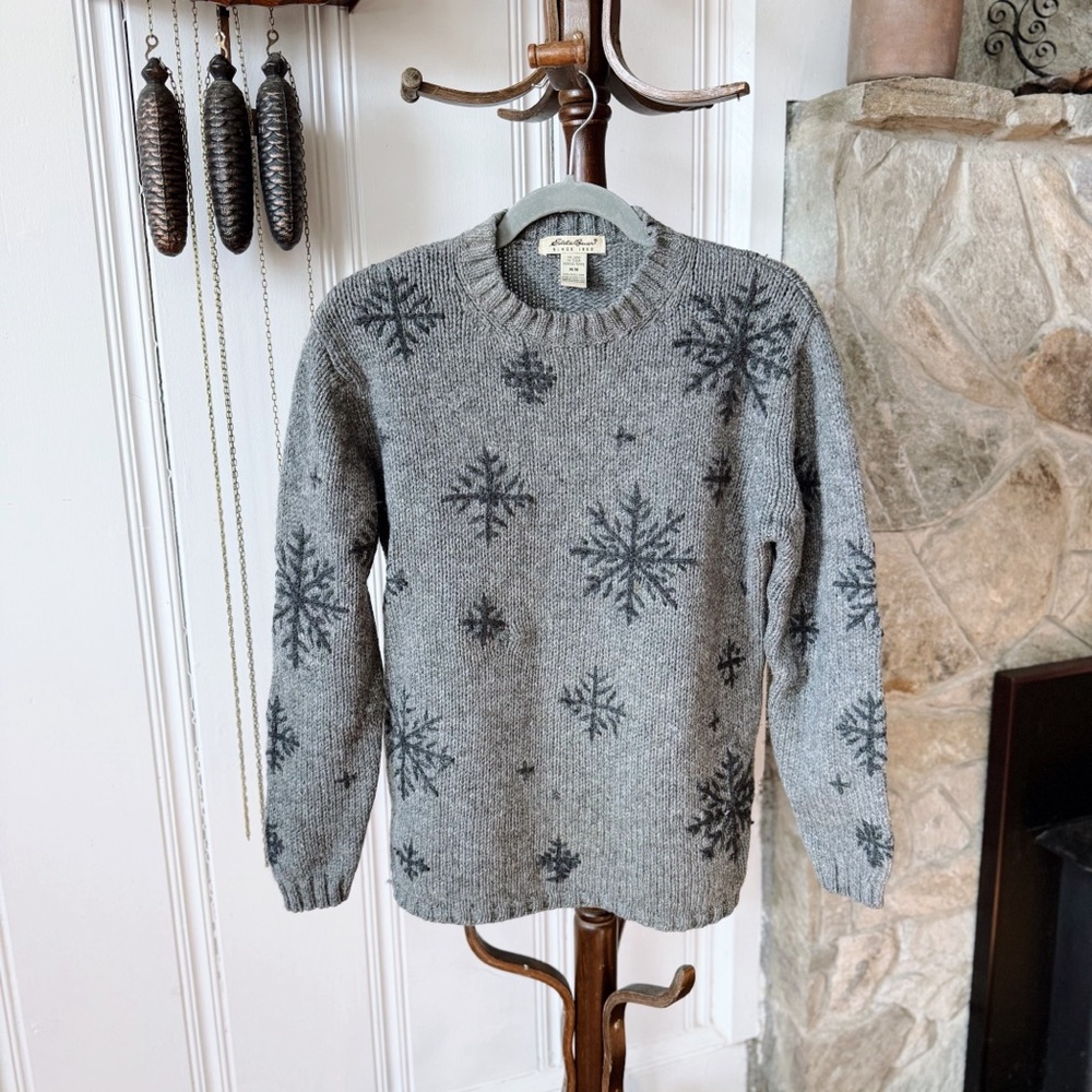 Eddie Bauer Wool Gray Snowflake Knit Vintage Sweater